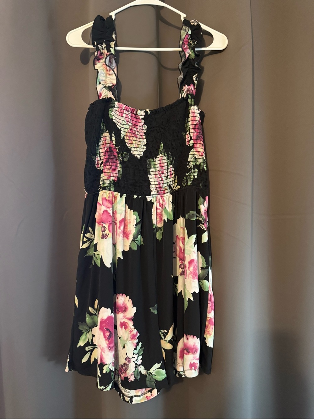 White Birch 1X Black Floral Smocked Romper Ruffle Strap Shorts Boho